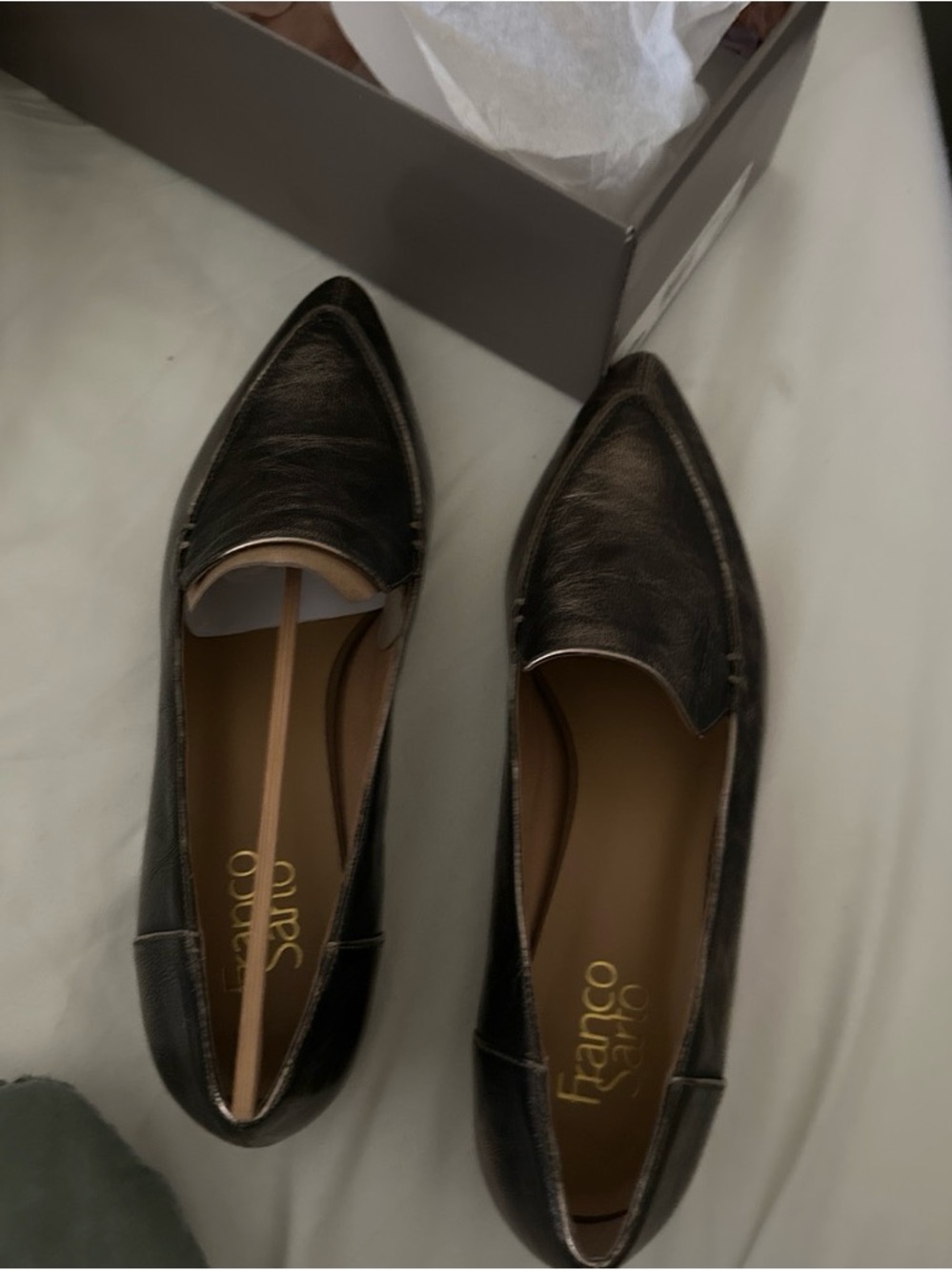Franco Sarto Metallic Black Pointed Toe Slip-On Flats